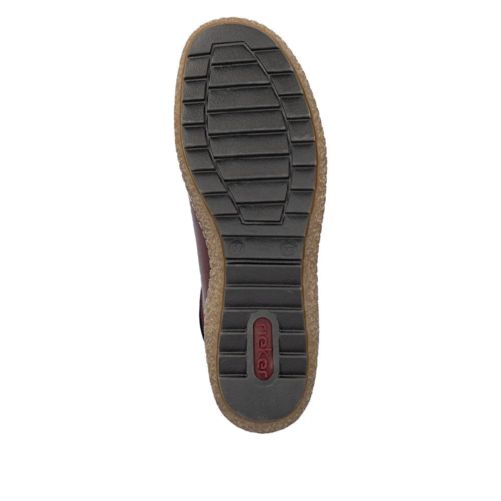 Rieker L7562-35 Ready2Go women's red leather slip-on shoes with water resistance and slip-resistant sole.