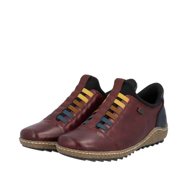 Rieker L7562-35 women's red leather slip-on shoes with water resistance, colorful elastic laces, and comfortable sole.