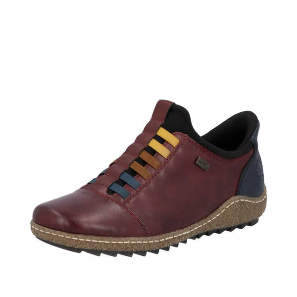 Rieker L7562-35 Ready2Go women's red leather slip-on shoes, water-resistant, with colorful laces and cushioned sole.