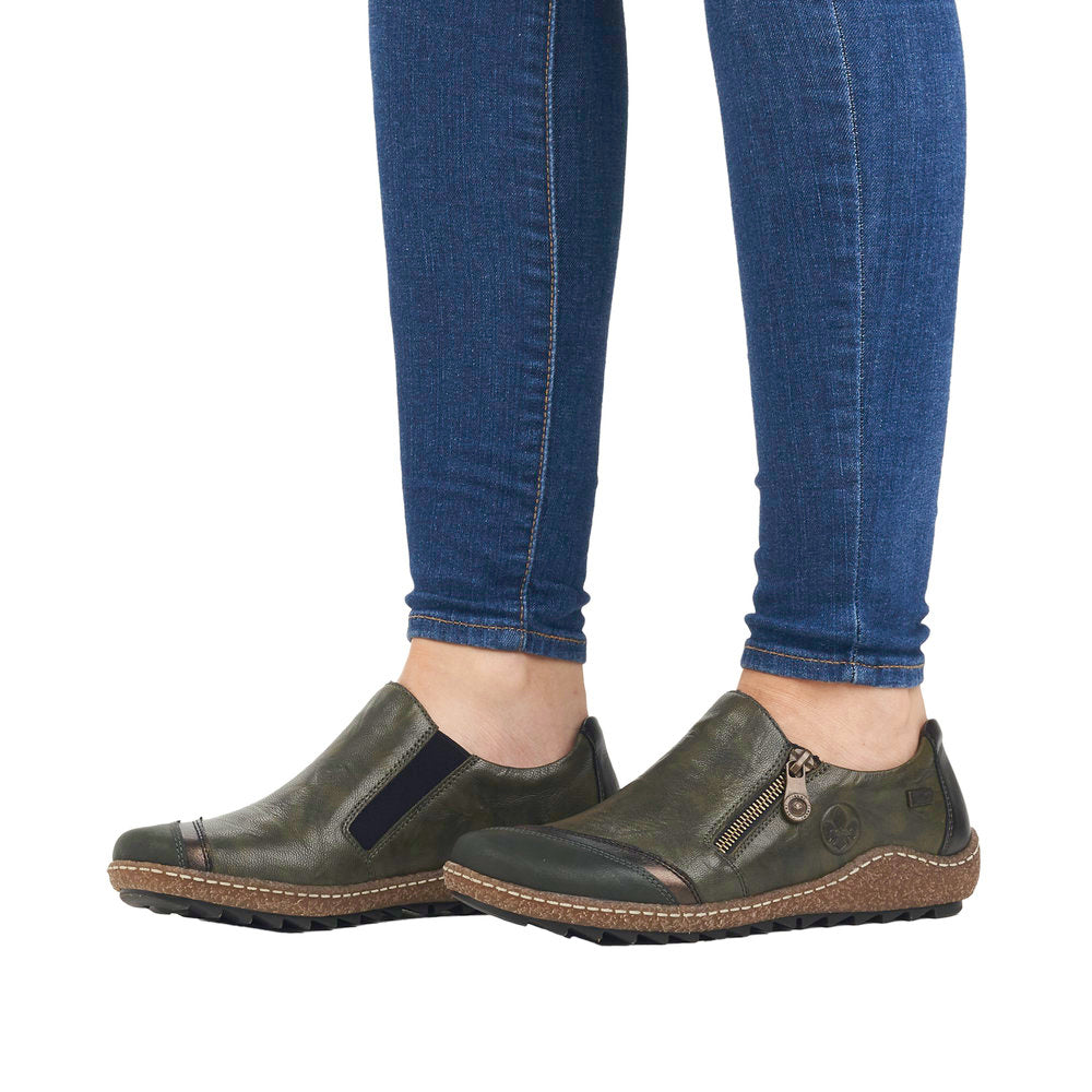 Rieker L7571-54 women's green leather water-resistant side zip shoes with casual slip-on style and rugged sole.