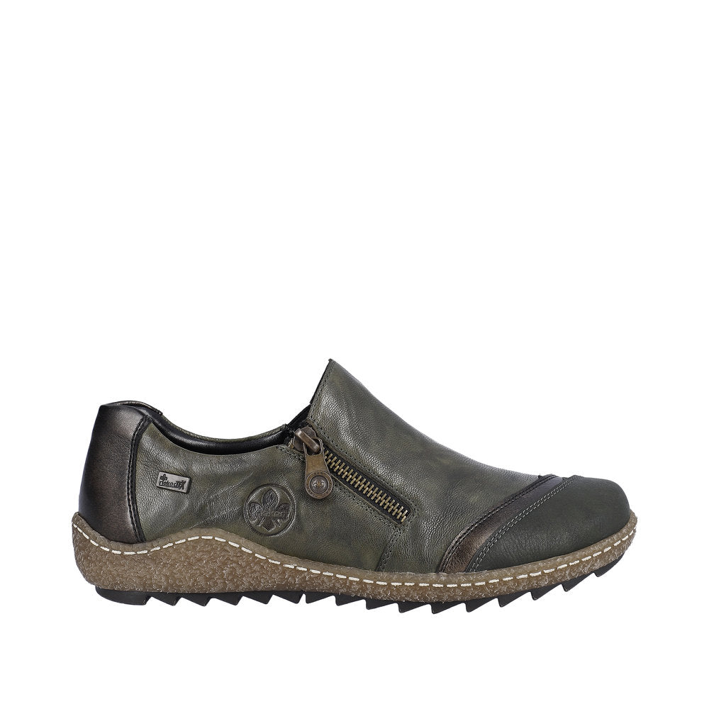 Rieker L7571-54 Ladies Green Leather Water-Resistant Side Zip Shoes with Grip Sole
