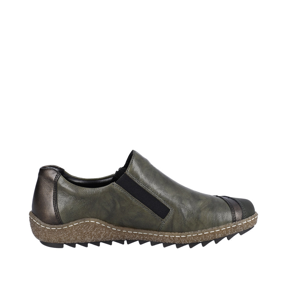 Rieker L7571-54 women's green leather water-resistant slip-on shoes with side zip and textured outsole.