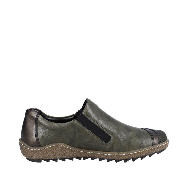 Rieker L7571-54 women's green leather water-resistant slip-on shoes with side zip and textured outsole.
