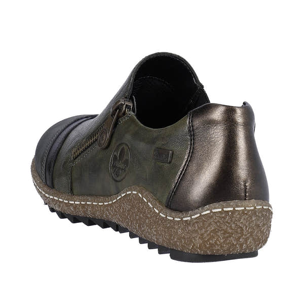 Rieker L7571-54 Ladies Green Leather Water-Resistant Shoes with Side Zip and Rugged Sole