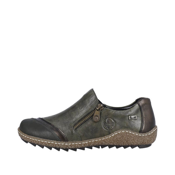 Rieker L7571-54 women's green leather water-resistant shoes with side zip and rugged outsole.