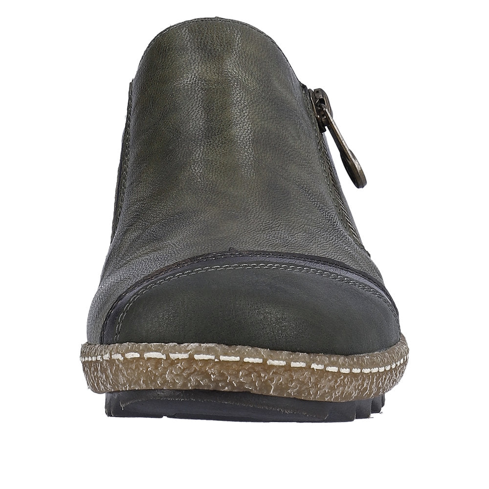 Rieker L7571-54 ladies green leather water-resistant ankle shoes with side zipper.