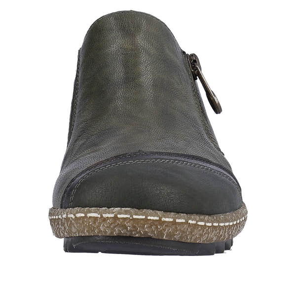 Rieker L7571-54 ladies green leather water-resistant ankle shoes with side zipper.