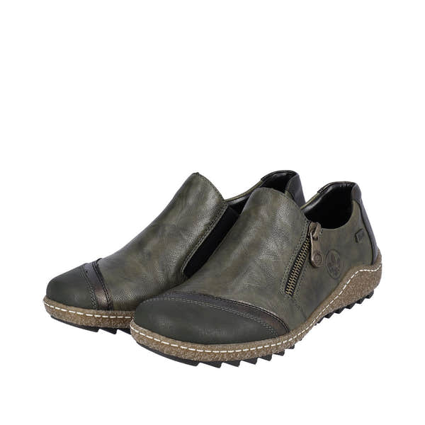 Rieker L7571-54 women's green leather water-resistant side zip shoes with textured sole.