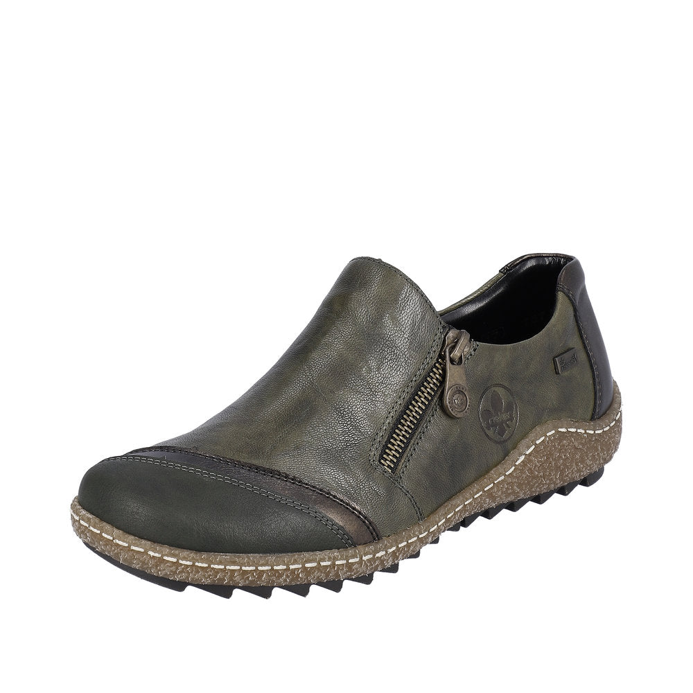 Rieker L7571-54 Ladies Green Leather Water-Resistant Side Zip Shoes with rugged sole.