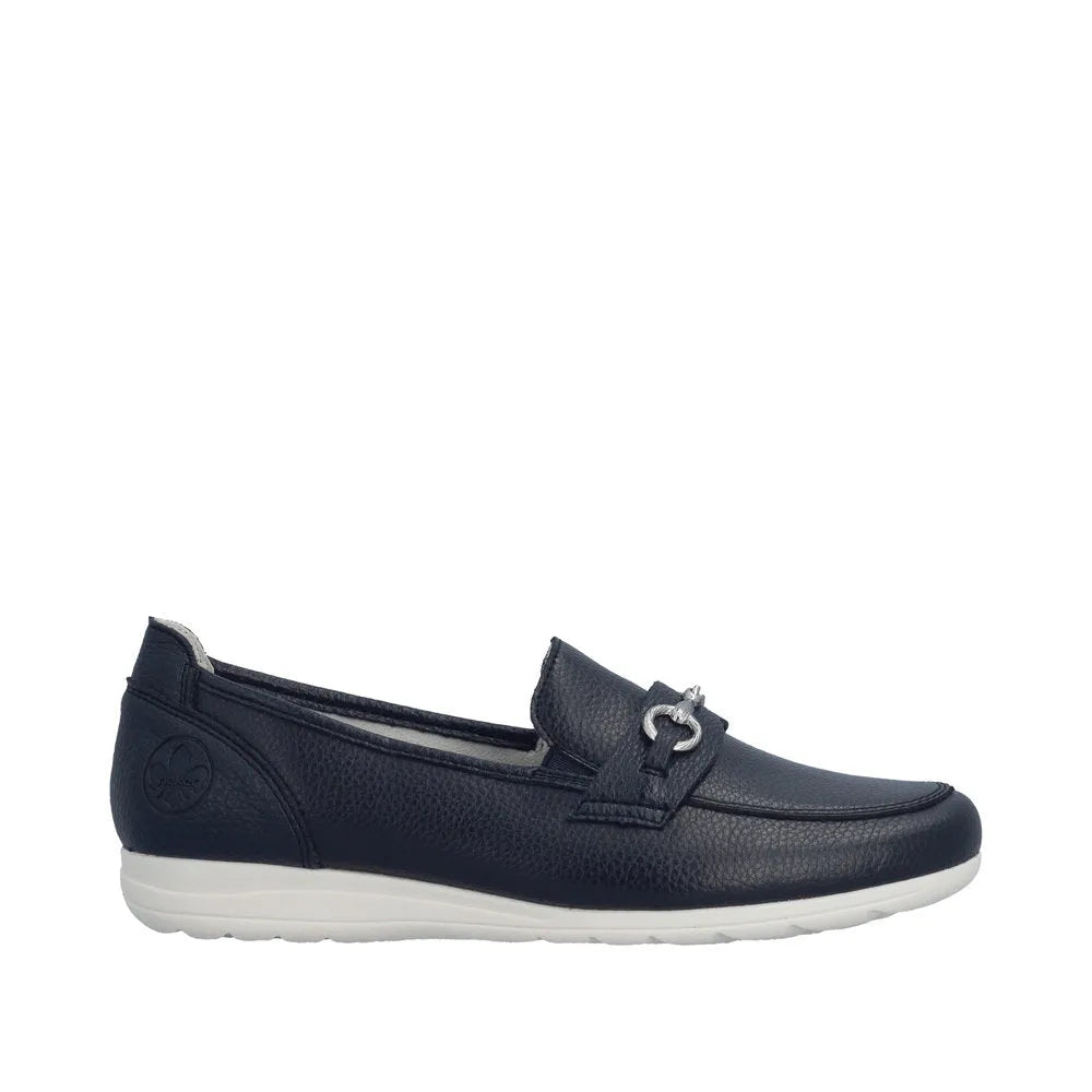 Navy leather slip-on shoe with silver hardware detail, white sole, and rounded toe.