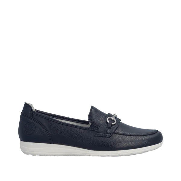 Navy leather slip-on shoe with silver hardware detail, white sole, and rounded toe.