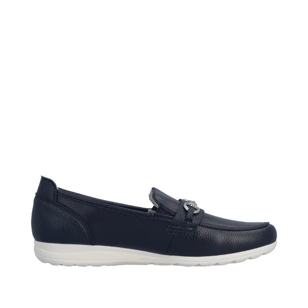 Rieker L9355-14 navy leather slip-on shoes with a textured finish and silver buckle detail, white sole, and rounded toe.