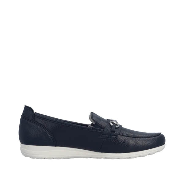Rieker L9355-14 navy leather slip-on shoes with a textured finish and silver buckle detail, white sole, and rounded toe.