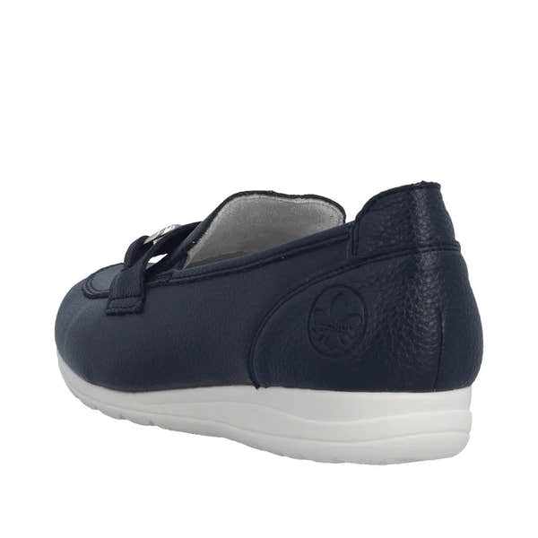Navy leather slip-on shoe with a white cushioned sole and embossed logo on the heel.