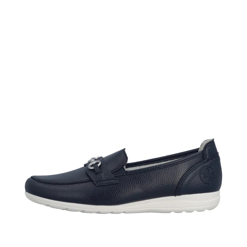 Rieker L9355-14 navy leather slip-on shoe with decorative strap and silver buckle, white sole, and cushioned design.