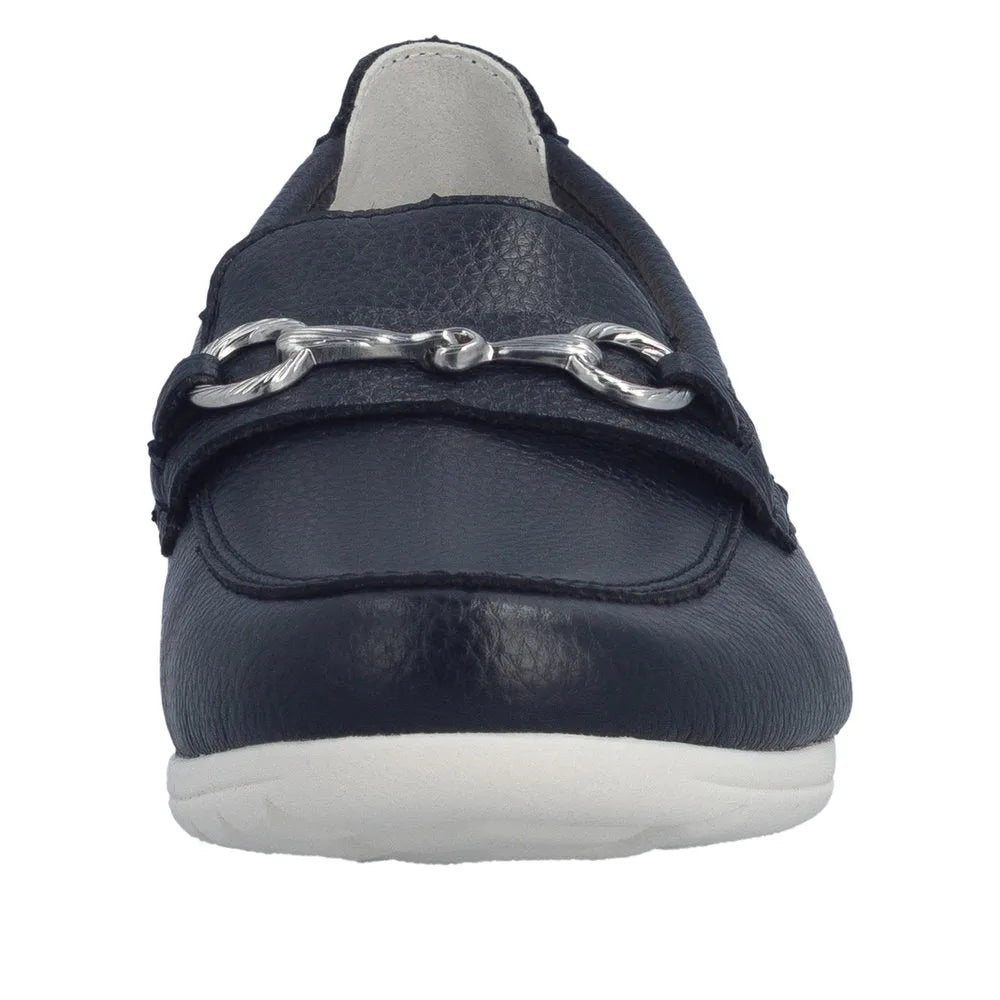 Black leather slip-on shoe with metallic chain detail, white sole, and stitched accents, from a front view.