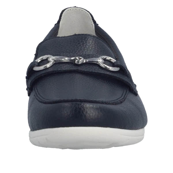 Black leather slip-on shoe with metallic chain detail, white sole, and stitched accents, from a front view.