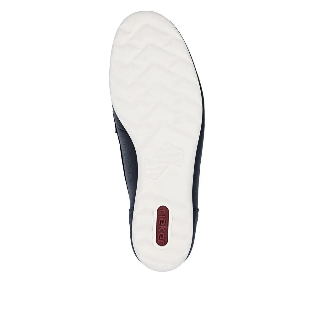 Rieker L9355-14 navy leather slip-on shoes with white sole and red logo detail, featuring a sporty, casual style.