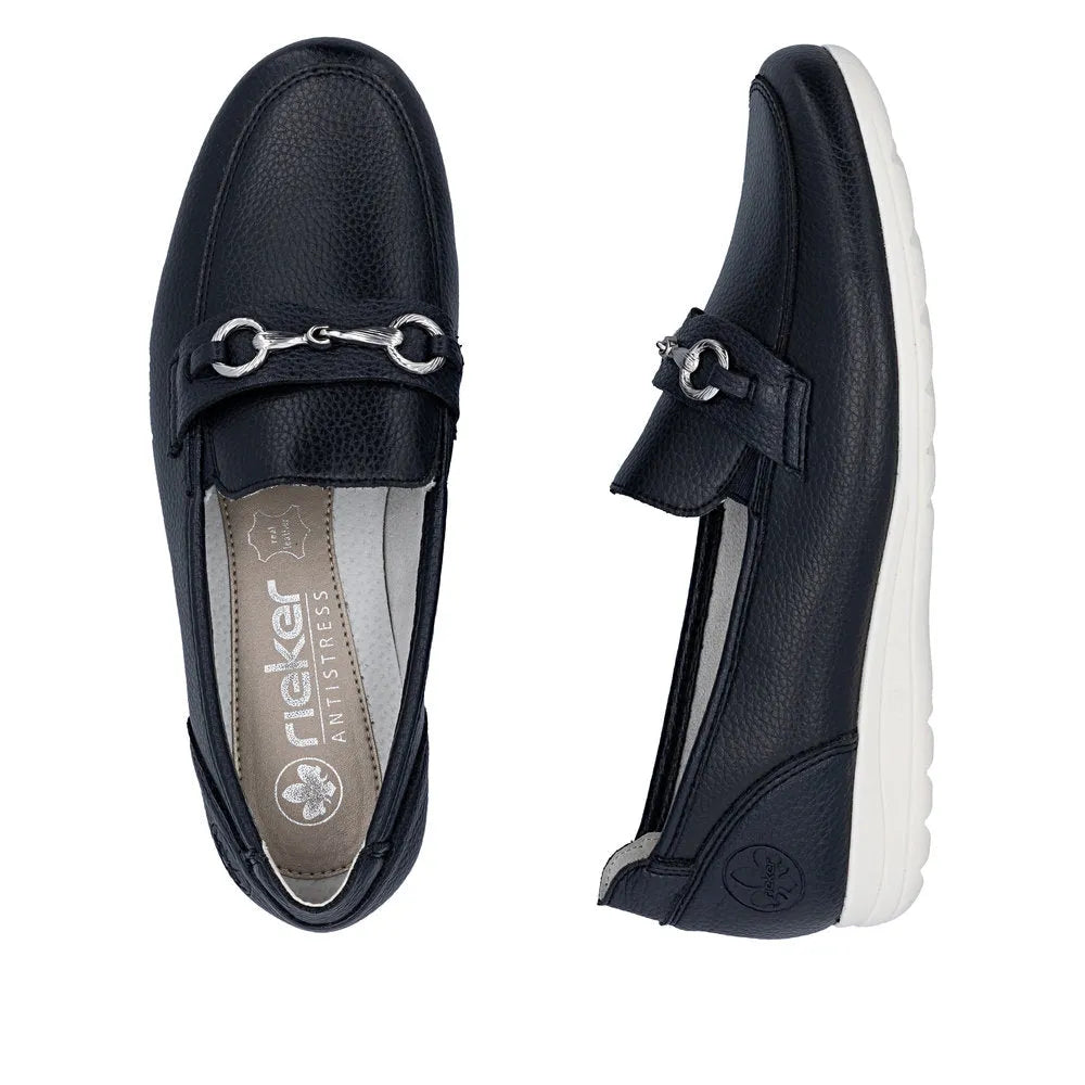 Black leather slip-on shoes with metalbit detail, white sole, and cushioned insole for women.