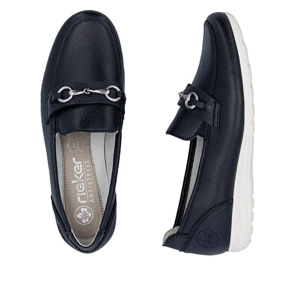 Black leather slip-on shoes with metalbit detail, white sole, and cushioned insole for women.