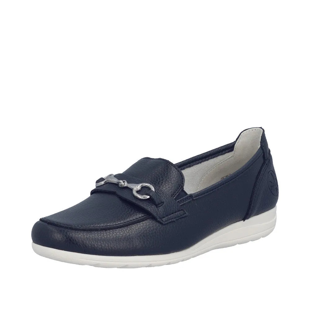 Rieker L9355-14 navy leather slip-on shoes for ladies with metal horsebit detail and white sole.