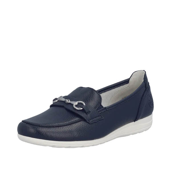 Rieker L9355-14 navy leather slip-on shoes for ladies with metal horsebit detail and white sole.