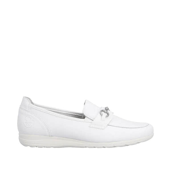 White leather slip-on shoes for women with a decorative strap and silver-tone bow detail, featuring a flexible sole.