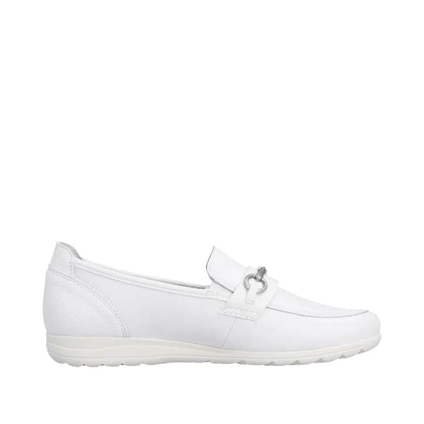 White leather slip-on shoes for women with a decorative metal buckle detail.