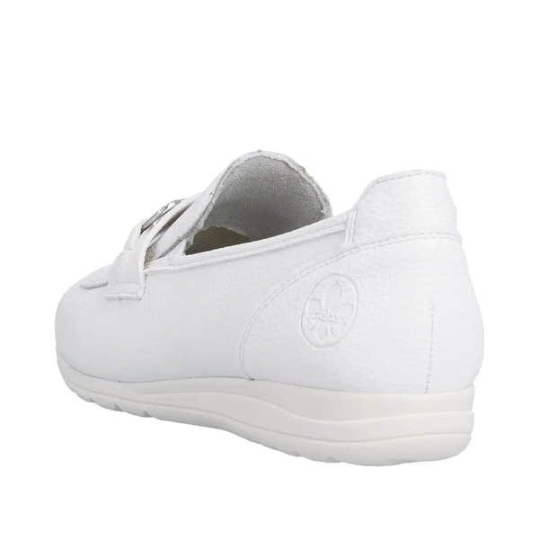 White leather slip-on women's shoes with a textured finish, round toe, and embossed brand logo on the side.