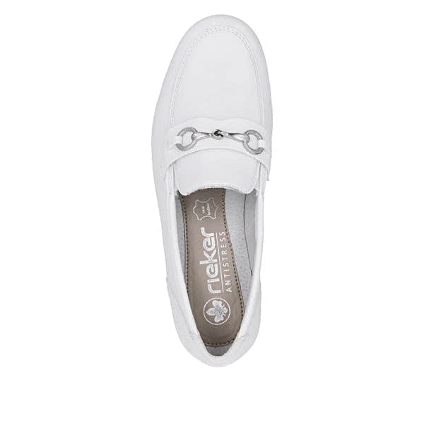 White leather slip-on shoe with metal chain detail across the vamp, cushioned insole, and rounded toe style.