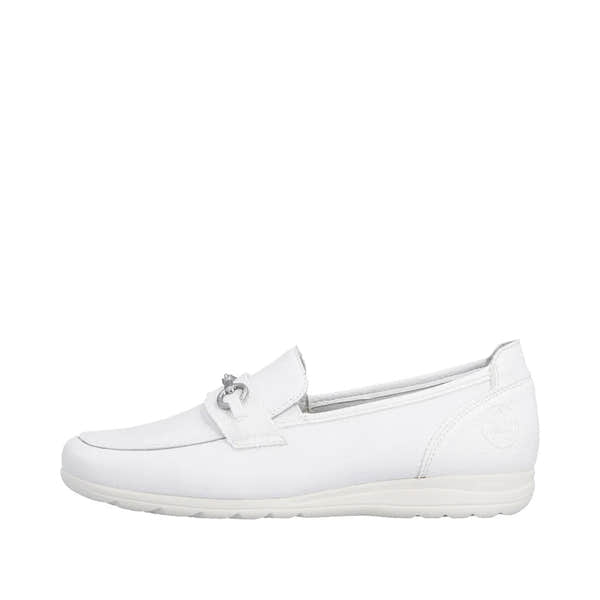White leather slip-on shoe with a strap detail and small metal ornament, low heel, and textured finish.