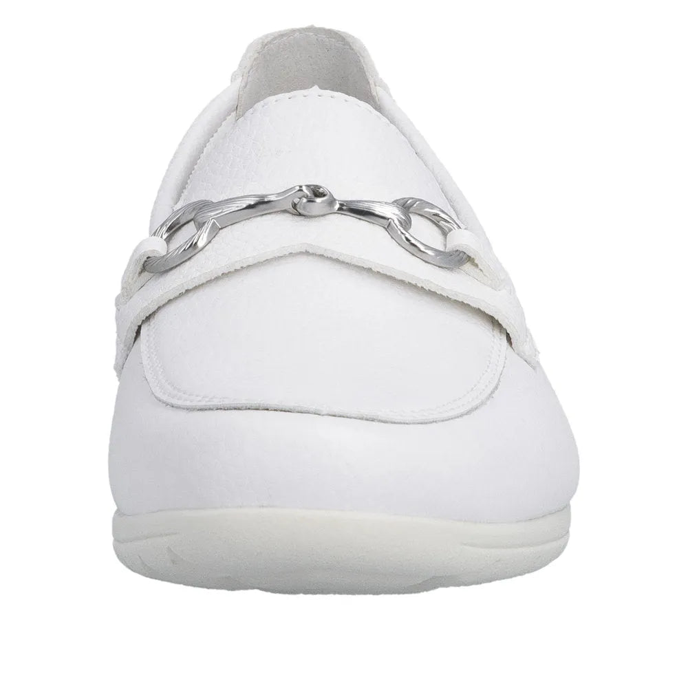 White leather slip-on shoes with a chunky sole and silver chain detail on the front.