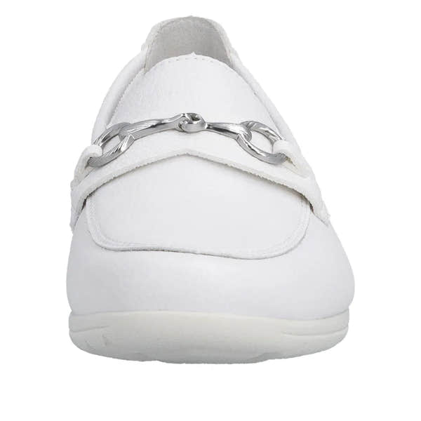 White leather slip-on shoes with a chunky sole and silver chain detail on the front.