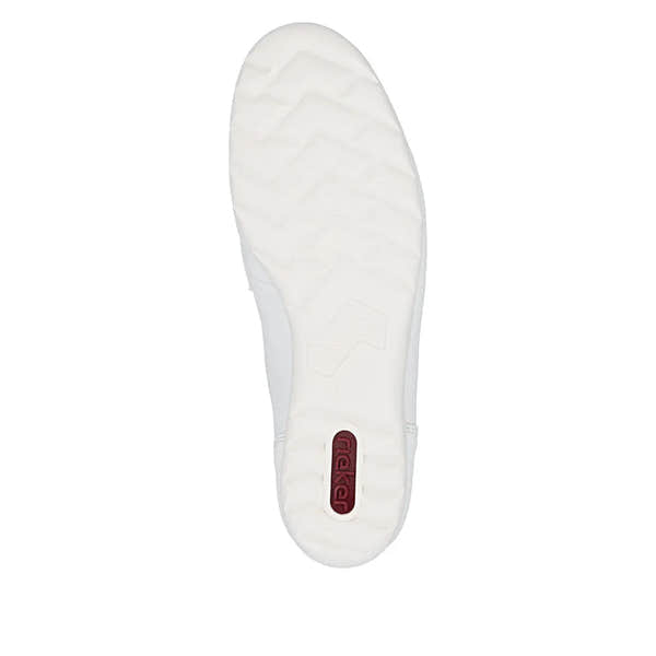 White leather slip-on shoes with cushioned sole, rubber outsole, and Rieker branding on heel tab.