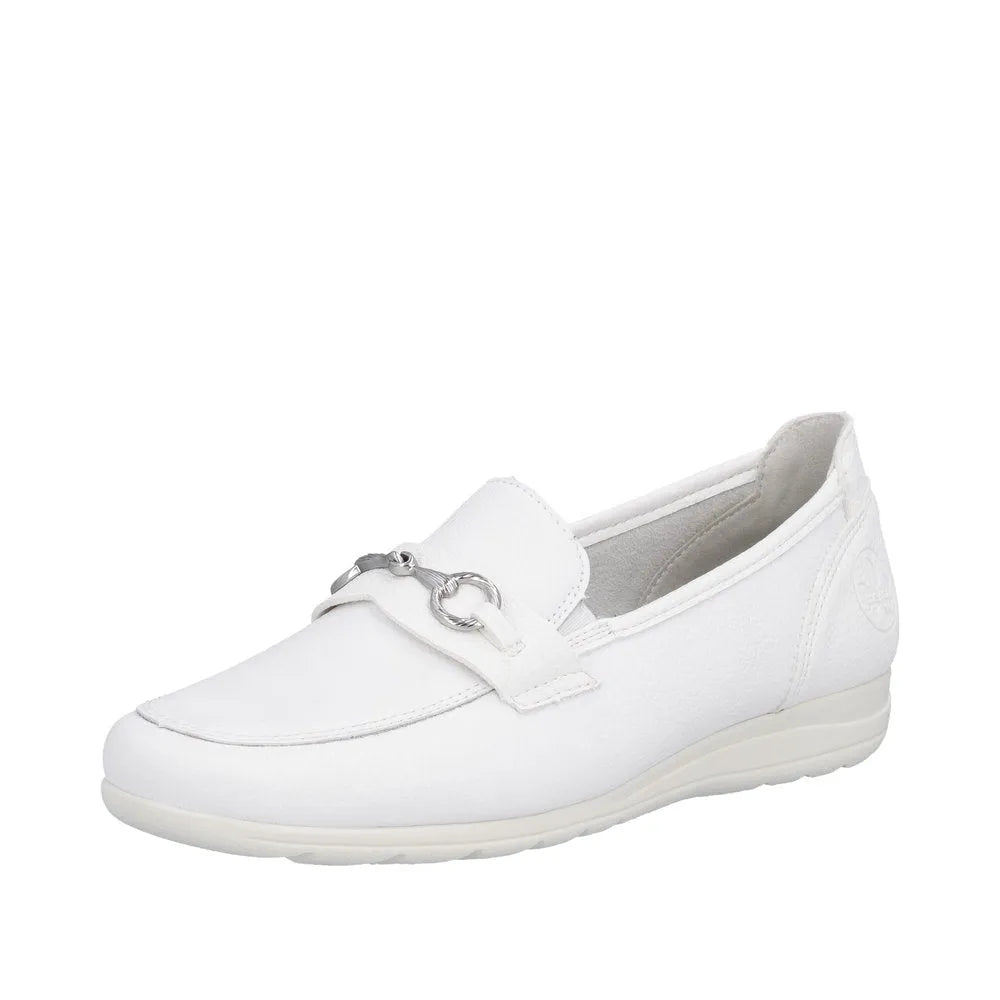 White leather slip-on women's shoes with silver hardware detail and cushioned sole.