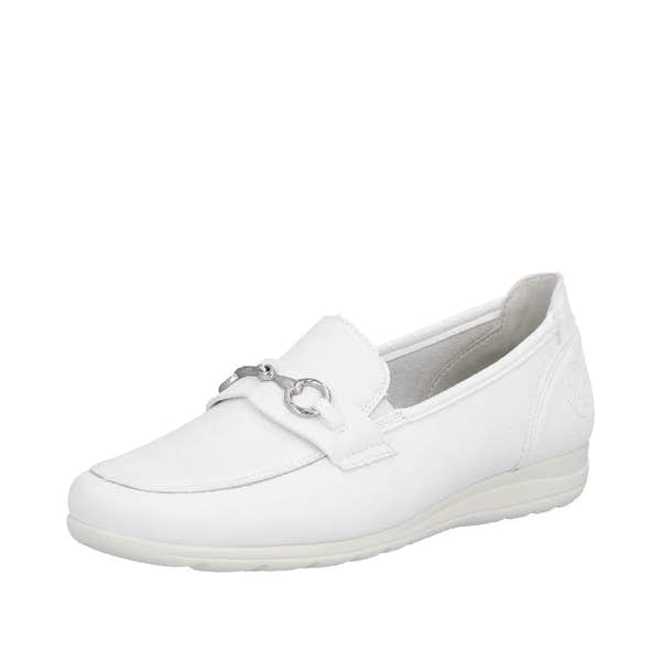 White leather slip-on women's shoes with silver hardware detail and cushioned sole.