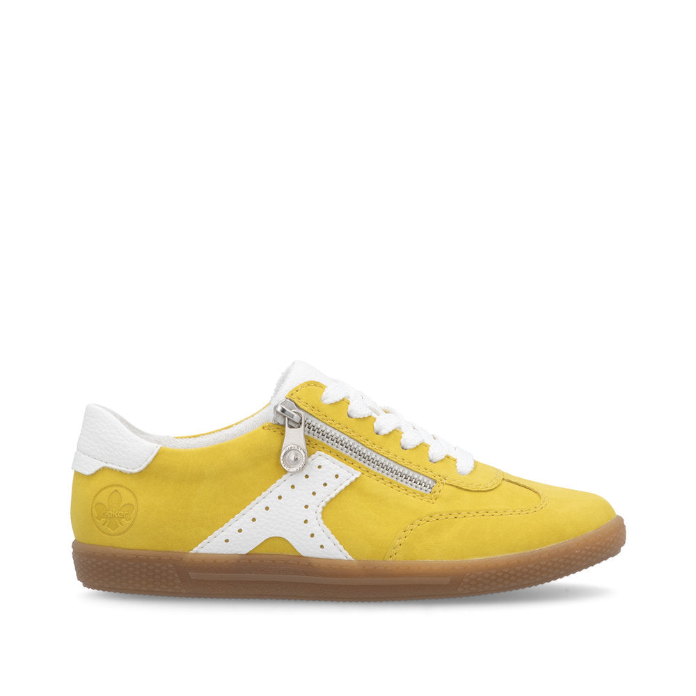 Rieker L9700-68 women's yellow trainers with white accents, lace-up and side zipper, casual sneaker with gum sole.