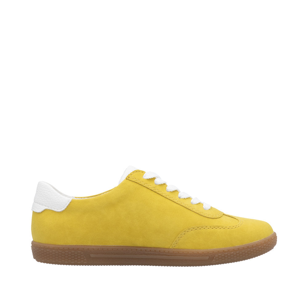 Rieker L9700-68 women's yellow zip and lace trainers with white accents and gum sole.