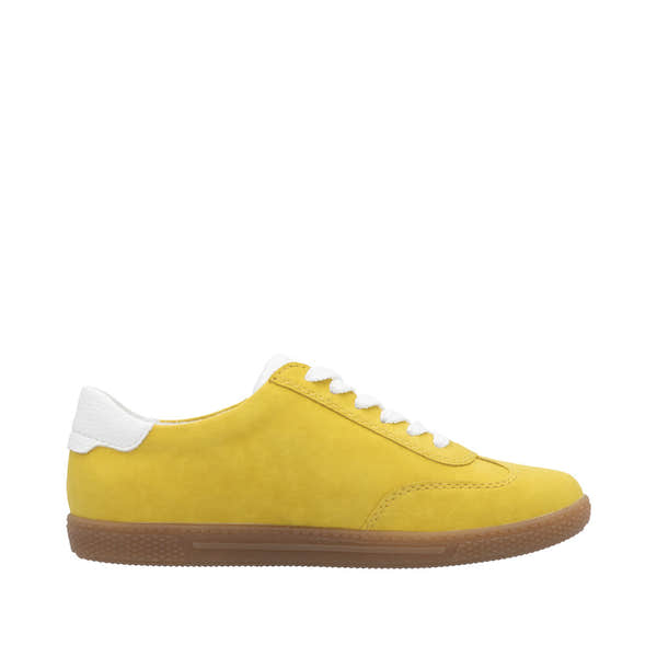 Rieker L9700-68 women's yellow zip and lace trainers with white accents and gum sole.