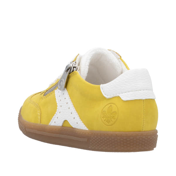 Rieker L9700-68 ladies yellow zip and lace trainers with white detailing and brown rubber sole.