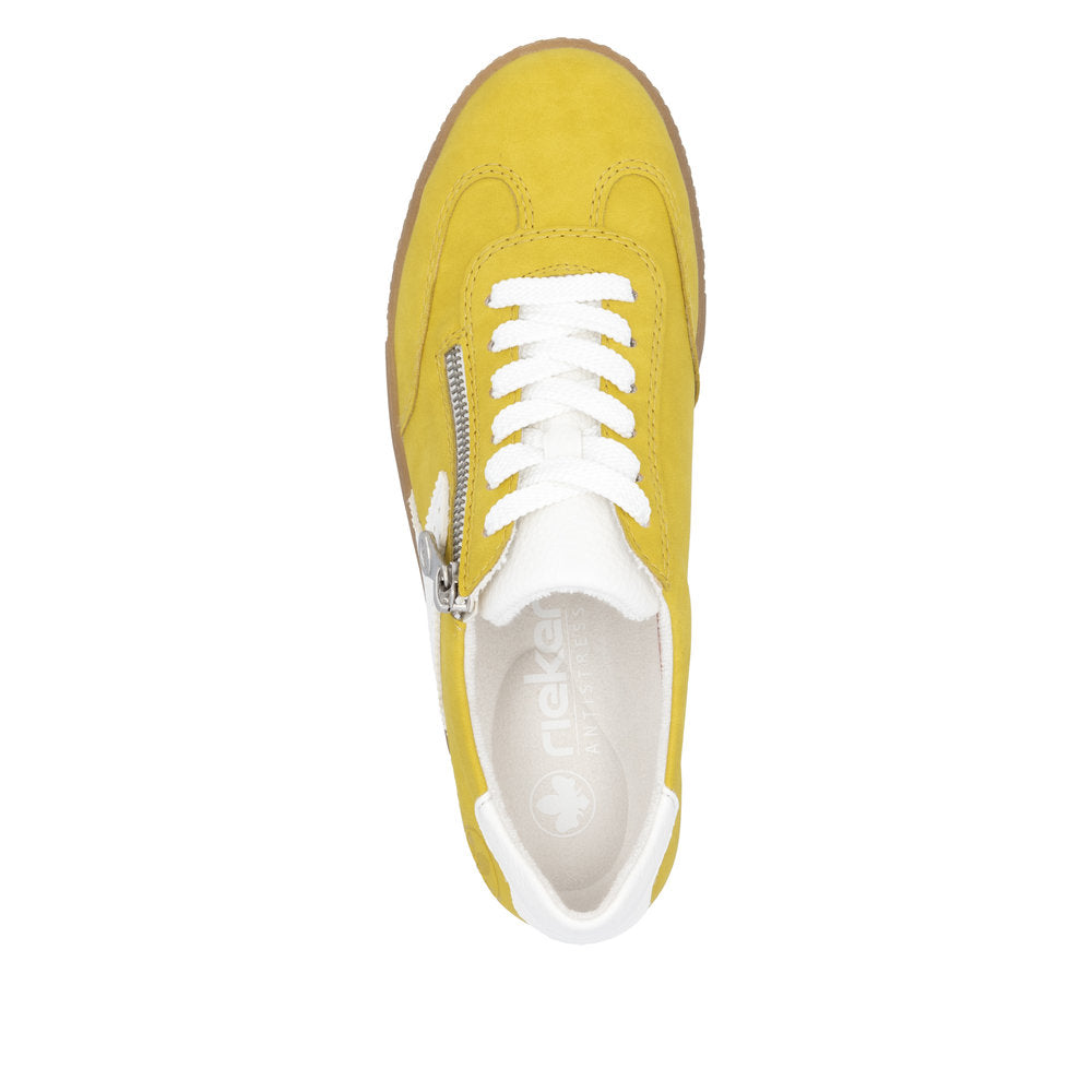 Yellow Rieker L9700-68 women's lace-up trainers with white laces, zip side detail, and cushioned interior for comfort.
