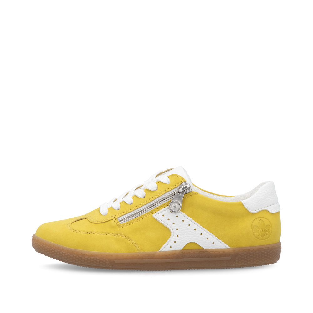 Yellow Rieker L9700-68 ladies' zip and lace trainers with white accents and gum rubber sole.