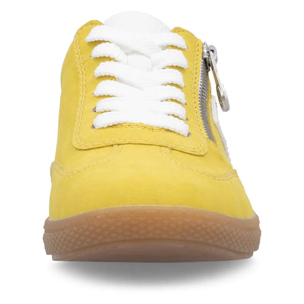 Rieker L9700-68 women's yellow lace-up trainers with white laces, side zipper, and gum sole, casual and comfortable footwear.