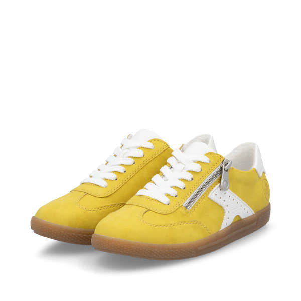 Rieker L9700-68 Ladies Yellow Trainers with white laces, zip detail, and gum sole. Stylish casual sneakers for women.