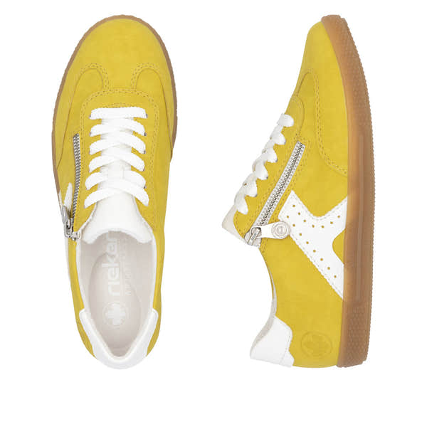 Rieker L9700-68 yellow ladies' zip and lace-up trainers with white accents and gum sole. Simple, sporty sneaker footwear for women.