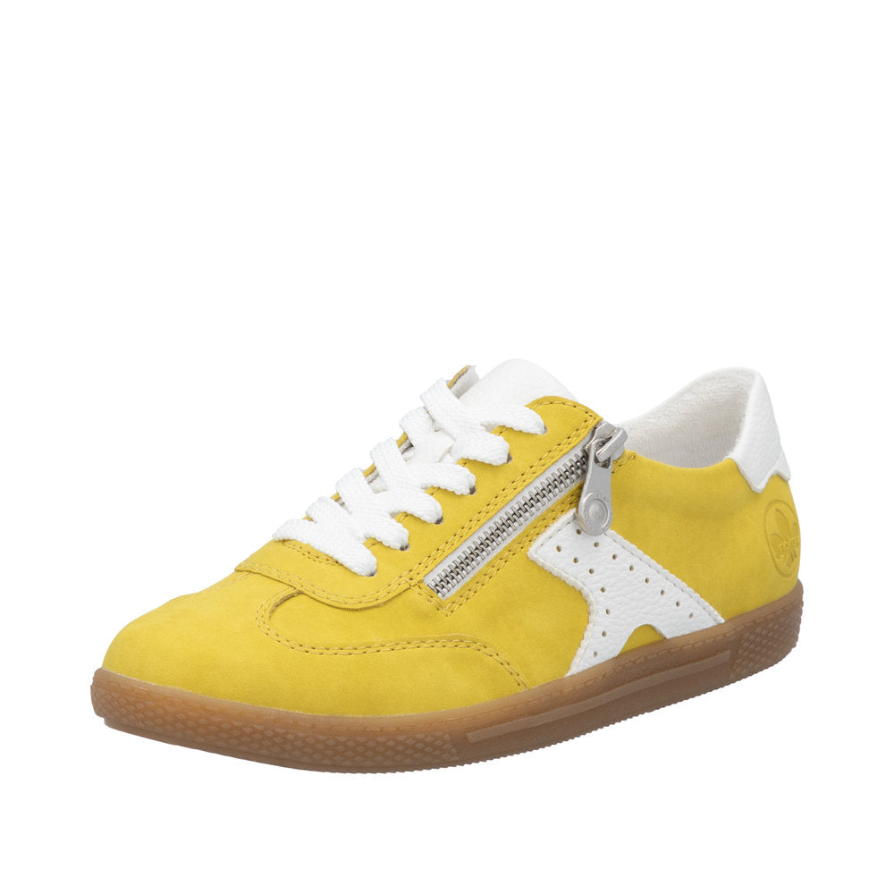 Yellow women's zip and lace casual trainers with white accents and a gum sole, model Rieker L9700-68.