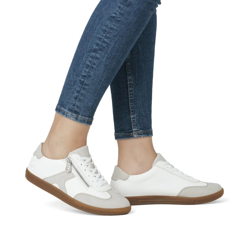 Rieker L9700-80 ladies white zip and lace sneakers with gum sole, casual lightweight footwear for women.