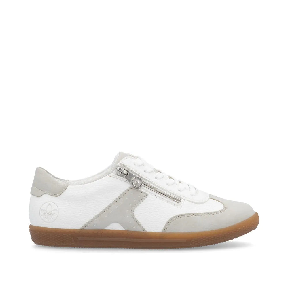 Rieker L9700-80 women's white sneakers with lace-up and zipper details, rubber sole, stylish casual shoe.