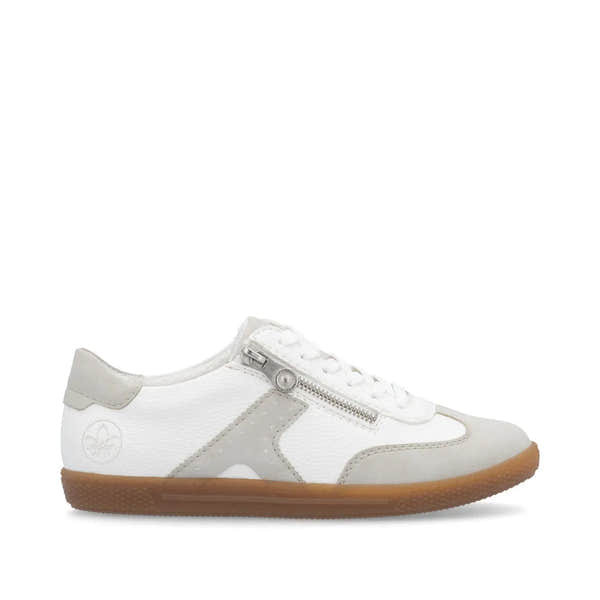 Rieker L9700-80 women's white sneakers with lace-up and zipper details, rubber sole, stylish casual shoe.