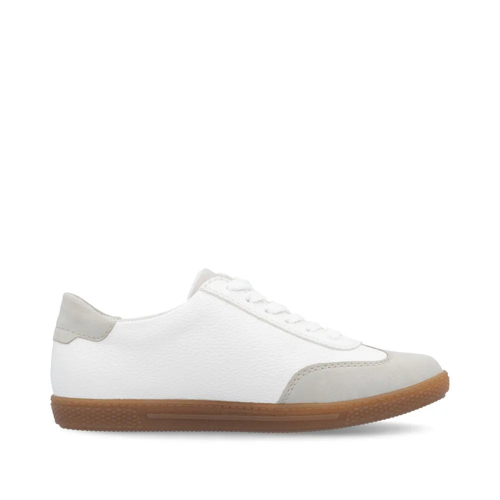 Rieker L9700-80 women's white lace-up sneakers with zipper, Gray accents, and gum sole.